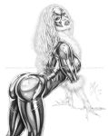  1girl actress amanda_seyfried armando_huerta ass big_breasts black_cat black_cat_(marvel) bodysuit breasts cat celeb cleavage dat_ass felicia_hardy female female_only gloves large_ass large_breasts legs long_hair marvel marvel_comics mask monochrome solo spider-man_(series) thighs unzipped white_hair 