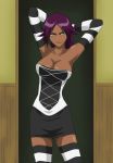  1girl armpits arms_behind_back arms_behind_head arms_up artist_request bare_shoulders big_breasts bleach breasts cleavage clothes dark_skin detached_sleeves dress elbow_gloves female gloves highres large_breasts naughty_face purple_hair seductive_smile shihouin_yoruichi solo striped thighhighs yellow_eyes yoruichi_shihouin zettai_ryouiki 