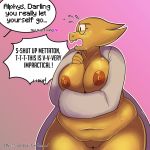 1:1 1:1_aspect_ratio 1girl 2016 alphys alphys_(undertale) anthro areola arnachy big_breasts blush border breasts english_text erect_nipples eyewear female_anthro furry glasses high_res huge_breasts lizard navel nipples pink_background pussy reptile scalie simple_background slightly_chubby sweat text tumblr_username undertale undertale_(series) video_games white_border