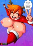 1girl animal_ears big_breasts breasts christmas christmas_outfit closed_eyes cute hair horns huge_breasts misty nipples orange_hair poke_ball pokemon short_hair smile v witchking00