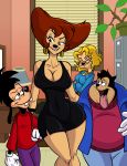 1girl aeolus anthro big_breasts biting_lip breasts canine cartoon_milf cleavage clothed clothing disney frown furry goof_troop group highres male mammal mature_female max_goof ms._pennypacker naughty_face peg_pete pj_pete tongue tongue_out