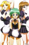 3_females 3_girls 3_humans 3girls :d absurdres apron arms_behind_head art babe big_breasts blonde_hair blue_eyes breasts brown_eyes brown_hair cleavage female female_only glasses green_eyes green_hair happy highres kakio_hazuki kuribayashi_yayoi large_breasts long_hair looking_at_viewer maid maid_dress maid_headdress momozono_mei mouse_(anime) multiple_girls open_mouth short_hair smile standing trio