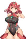 1girl bangs blush breasts competition_swimsuit earrings hair_ornament hand_in_hair jewelry kaorihero large_breasts looking_at_viewer one-piece_swimsuit pyra red_eyes red_hair short_hair sidelocks simple_background smile swimsuit thigh_gap white_background xenoblade xenoblade_(series) xenoblade_chronicles_2