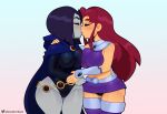  1girl 2_girls big_breasts big_breasts blush bob_cut breasts closed_eyes dc_comics female_only french_kiss kissing leotard long_hair miniskirt panties purple_hair raven_(dc) red_hair short_hair simple_background somescrub starfire stockings teen_titans thick_thighs wide_hips yuri 