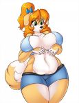 1girl 2016 anthro belly big_breasts black_nose breasts canine clothed clothing dog eyelashes fur furry green_eyes hair highres huge_breasts kibbles long_hair mammal midriff multicolored_fur navel orange_hair shorts simple_background skidd slightly_chubby thick_thighs two_tone_fur uberquest voluptuous white_background white_fur wide_hips 