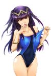1girl alluring big_breasts finger_in_mouth fire_emblem fire_emblem_awakening hair hips looking_at_viewer nipples pocari66 purple_eyes purple_hair swimsuit tharja tongue tongue_out