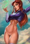  1girl belly big_breasts breasts covered_breasts covered_nipples dandon_fuga dc dc_comics eyelashes female female_only gauntlets green_eyes legs legwear lips long_hair navel orange_skin pussy red_hair redhead shoes solo starfire teen_titans thighs vagina 
