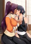  2girls :d art babe bare_shoulders black_eyes black_hair bleach blush collarbone dark_skin eye_contact hair hand_holding high_res incipient_kiss interlocked_fingers interracial japanese_clothes kyoshizuhime kyoshizuhime_(artist) long_hair looking_at_another love multiple_girls mutual_yuri neck open_mouth ponytail purple_hair revealing_clothes shihouin_yoruichi sitting smile soifon yellow_eyes yuri 