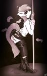  1girl anthro ass blush boots cameltoe clothed clothing dancing earth_pony equine fan_character footwear furry hair high_heels horse leather leggings legwear mammal moan money monochrome my_little_pony open_mouth pole pole_dancing pony replica_(artist) shirt shoes side_view skimpy stripper_pole undressing 