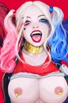  1girl batman_(series) big_breasts blonde_hair blue_eyes blue_hair breasts choker dc dc_comics dceu earrings english facepaint facial_mark female female_only gun harley_quinn holster jacket jester jester_(artist) jewelry lips lipstick long_hair multicolored_hair nipple_piercing nipples open_mouth piercing pink_hair red_lips red_lipstick shirt solo suicide_squad teeth tongue torn_clothes twin_tails weapon weapons 