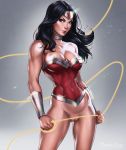  1girl bare_shoulders big_breasts black_hair blue_eyes bracelet breasts choker cleavage covered_breasts covered_nipples dandon_fuga dc dc_comics diana_prince eyelashes female female_only justice_league large_breasts lasso lasso_of_truth legs lips long_hair pussy solo thighs tiara vagina wonder_woman wonder_woman_(series) 