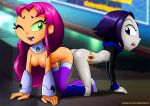  all_fours ass ass_to_ass breasts dc dc_comics green_eyes looking_back one_eye_closed palcomix pink_hair raven_(dc) smile starfire teen_titans teen_titans_go wink yuri_haven 