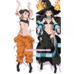  1girl biceps black_hair boots bra clothing dakimakura fire_force maki_oze medium_breasts muscular_female overalls panties purple_eyes undressed witch_hat 