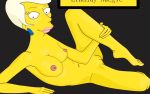  1girl areola barefoot breasts cyborgblue earrings legs lindsey_naegle lipstick looking_at_viewer lying_down nude pussy sexy the_simpsons thighs white_hair yellow_skin 