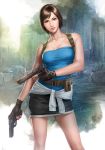 1girl arm arms art babe bare_arms bare_legs bare_shoulders big_breasts black_eyes black_gloves black_skirt breasts brown_hair capcom collarbone dual_wielding fingerless_gloves gloves gun high_res holding holding_gun holding_weapon jill_valentine john_law_bc legs looking_at_viewer neck outside pencil_skirt resident_evil resident_evil_3 short_hair skirt smile standing strapless teeth tubetop watch weapon wristwatch