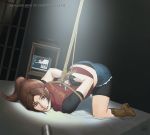  1girl arm arms arms_behind_back art azasuke babe bed blue_eyes bondage brown_hair capcom claire_redfield indoors lips long_hair parted_lips ponytail resident_evil resident_evil_2 tied top-down_bottom-up 