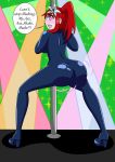  ass big_ass big_breasts bodysuit breasts erza_scarlet fairy_tail female heart heart-shaped_pupils high_heels kobi94_(artist) looking_at_viewer looking_back pink_eyes red_hair solo speech_bubble stripper stripper_pole symbol-shaped_pupils text twerking 