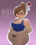  bbw big_breasts bottomless breasts brown_hair cleavage glasses nerd shiny shiny_skin short_hair smile wide_hips 