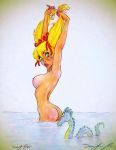  1girl blonde_hair breasts female_butt_nudity female_nudity funny green_eyes human lipstick looking_down looking_up male monster nipples nude sea_monster shiny shiny_skin skinny_dipping twin_tails wet yellow_eyes 