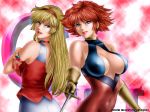  2girls :d arm armband art babe bare_arms bare_shoulders big_breasts blonde_hair blue_eyes breasts choker cleavage cleavage_cutout crossed_arms cutie_honey cutie_honey_(character) dual_persona earrings gloves hair hairband heart heart_choker high_res jewelry kisaragi_honey lips lipstick long_hair looking_at_viewer looking_back magical_girl makeup multiple_girls open_mouth purple_eyes red_hair round_teeth short_hair sleeveless smile toten_(artist) upper_body yellow_gloves 