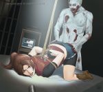  1girl arm arms arms_behind_back art azasuke babe bed blue_eyes bondage brown_hair capcom claire_redfield clothed_sex fucked_silly indoors lips long_hair open_mouth ponytail rape resident_evil resident_evil_2 sex sweat sweating tied top-down_bottom-up zombie 