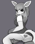  1girl 1girl 2017 anthro anthrofied ass breasts clothing eeveelution eyelashes glaceon grey_background greyscale hair looking_at_viewer looking_back monochrome nintendo panties pinkcappachino pok&eacute;mon pok&eacute;mon_(species) pok&eacute;morph school_uniform side_boob simple_background smile underwear uniform video_games 