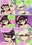  2girls :d :o ^_^ aori_(splatoon) bare_arms bare_shoulders black_dress black_hair blush breasts cleavage closed_eyes comic detached_collar domino_mask dress english eye_contact fangs gloves green_dress hair hair_ornament happy hotaru_(splatoon) hugging inkling long_hair looking_at_another mask mole mole_under_eye multiple_girls neck nintendo open_mouth pointy_ears purple_dress purple_hair short_hair shy siblings silver_hair sisters smile speech_bubble splatoon strapless strapless_dress talking tentacle_hair upper_body white_gloves wong_ying_chee wong_ying_chee_(artist) yellow_eyes yuri 
