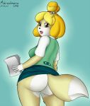 1girl 2016 animal_crossing animal_crossing_new_leaf anthro ass big_ass blonde_hair breasts canid canine canine_humanoid clothing clothing_lift dog doubutsu_no_mori fur furry hair hair_tie isabelle_(animal_crossing) jingle_bell looking_at_viewer looking_back mammal marukomuru nintendo open_mouth paper ponytail rear_view secretary shih_tzu shizue_(doubutsu_no_mori) sideboob simple_background skirt skirt_lift thick_ass thick_legs thick_thighs video_games wide_hips yellow_fur