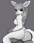  1girl 1girl 2017 anthro anthrofied ass breasts eeveelution eyelashes glaceon grey_background greyscale hair looking_at_viewer looking_back monochrome nintendo pinkcappachino pok&eacute;mon pok&eacute;mon_(species) pok&eacute;morph side_boob simple_background smile video_games 
