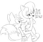  1boy 1girl animal_ears ass assjob big_breasts black_eyes breasts cute furry gloves hair hearlesssoul looking_back miles_&quot;tails&quot;_prower monochrome nipples penis sally_acorn short_hair smile sonic tail text 