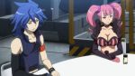  1boy 1girl amara_(captain_earth) anime babe big_breasts blue_hair breasts captain_earth chair choker cleavage couple earrings jewelry long_hair moco_(captain_earth) pink_hair purple_eyes sitting smile striped table twin_tails yellow_eyes 