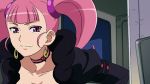  1boy 1girl amara_(captain_earth) anime babe big_breasts blue_hair breasts captain_earth choker cleavage couple earrings gif jewelry long_hair looking_at_viewer moco_(captain_earth) pink_hair purple_eyes short_hair smile striped talking twin_tails yellow_eyes 