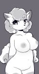  1girl 2017 alolan_vulpix anthro anthrofied areola big_breasts breasts canid canine eyelashes fur genitals looking_at_viewer mammal monochrome navel nintendo nipples pinkcappachino pok&eacute;mon_(species) pokemon pokemon_species pokemorph pussy regional_form_(pokemon) simple_background smile uncensored video_games white_body white_fur 