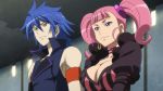  1boy 1girl amara_(captain_earth) anime babe big_breasts blue_hair breasts captain_earth choker cleavage couple earrings jewelry long_hair moco_(captain_earth) pink_hair purple_eyes smile striped twin_tails yellow_eyes 