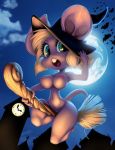  1girl animal_ears big_breasts blonde_hair breasts cute furry green_eyes hair halloween long_hair looking_at_viewer moon mouse nipples nude tail thefuckingdevil witch 