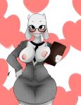  1girl 2016 anthro areola big_breasts blush boss_monster breasts caprine clothed clothing eyewear fur furry glasses goat heart highres horn inuyuru looking_at_viewer mammal neck_tie nipples simple_background smile teacher toriel undertale video_games white_background white_fur 