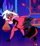  2_girls animated asmodeus&#039;_assistant_(helluva_boss) background_character big_breasts closed_eyes demon_girl face_in_ass gif glasses hands_on_hands helluva_boss horns imp legs_open millie_(helluva_boss) pushing_ass pyramid_(artist) rimming_female succubus tail vivzmind yuri 