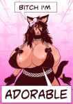  1girl animal_humanoid anthro areola big_breasts breasts cleavage clothed clothing english_text high_res huge_breasts humanoid mature_female text wckd 