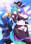 1girl anthro big_breasts breasts cleavage clothed clothing duo equine friendship_is_magic furry golden_gun_(object) gun hasbro horn mammal my_little_pony princess_celestia_(mlp) princess_luna_(mlp) ranged_weapon revolver skimpy slugbox weapon winged_unicorn wings