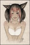 1girl ;p art babe bare_shoulders big_breasts breasts cat_girl cleavage female_only final_fantasy looking_at_viewer one_eye_closed short_hair strapless tongue tongue_out upper_body wickedj wink yuniko_moontail