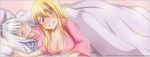2girls big_breasts breasts cleavage fairy_tail female female_only lucy_heartfilia mirajane_strauss nobume_(artist) sleeping smile wink yuri