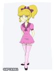  1girl dress female female_only gspy2901 hair_bun looking_at_viewer minidress minigirl pantyhose petite pink_dress smaller_female solo standing teenage_girl young_girl 