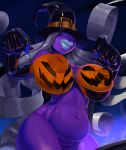 big_breasts bodypaint breasts curvy elbow_gloves female gloves halloween hat huge_breasts inverted_nipples jack-o&#039;-lantern nintendo nipples paper_mario plump pumpkin_breasts pussy shadow_queen smile solo standing super_mario_bros. theboogie witch_hat