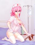  1girl bed blue_eyes bra breasts clothed female female_only friendship_is_magic gloves hospital hospital_bed humanized indoors looking_at_viewer my_little_pony nurse nurse_cap nurse_redheart nurse_redheart_(mlp) nurse_uniform on_bed panties pink_hair red_cross short_sleeves solo stockings striped_panties uniform white_stockings 