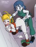  1futa 1girl 2016 2girls blonde_hair blue_hair bottomless cave_story clothed cum cum_in_pussy curly_brace doggy_position female female_only from_behind futanari futanari_on_female irregular_fetishes misery misery_(cave_story) mostly_nude standing vaginal wall 
