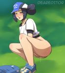 1girl bettie_(pokemon) blush bottomless deareditor female female_human female_only fingering fingering_pussy fingering_self half-closed_eyes human looking_at_viewer mostly_nude no_panties pokemon pokemon_masters pussy_juice solo vaginal_juices 