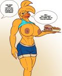 1girl abs anthro avian beak big_breasts bird bottomwear breasts burger chica_(fnaf) chicken clothed clothing crisis-omega dialogue digital_media_(artwork) ear_piercing earring five_nights_at_freddy&#039;s flashing food freckles furry galliform gallus_(genus) hair holding_object muscle_bird muscular muscular_female nipples non-mammal_breasts phasianid piercing shorts simple_background text topwear unseen_character video_games yellow_body