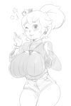  1girl big_breasts blush bracelet breasts bulumble-bee crown earrings huge_breasts necklace nintendo ponytail princess_peach ribbed_sweater short_hair shorts sketch smile star super_mario_bros. sweater tagme thick_thighs thighs wink 