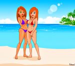  2_girls ann_possible ass beach bikini blue_bikini breasts female_only fnbman kim_possible kimberly_ann_possible looking_at_viewer ocean palm_tree red_bikini redhead sky 