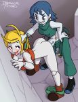  1futa 1girl 2016 2girls blonde_hair blue_hair bottomless cave_story clothed curly_brace doggy_position female female_only from_behind futanari futanari_on_female irregular_fetishes misery misery_(cave_story) mostly_nude standing vaginal wall 